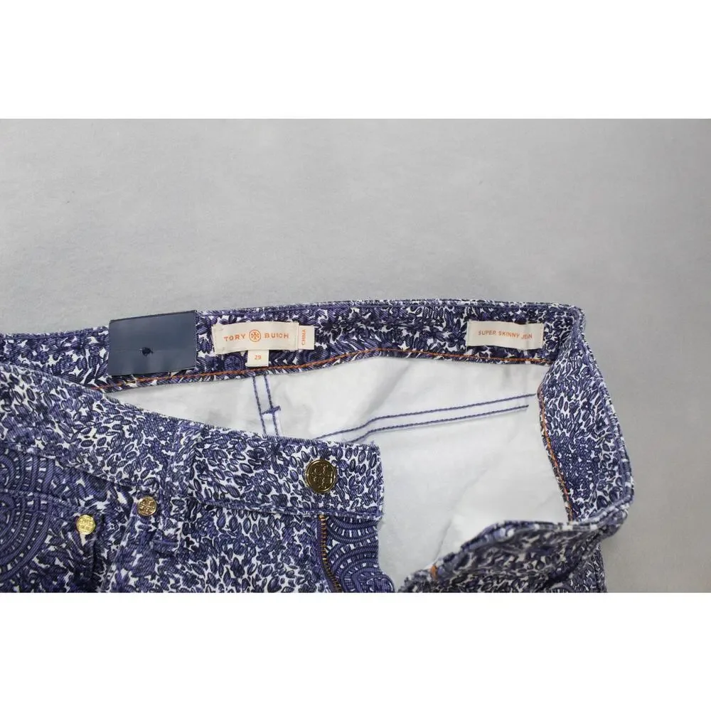 Tory Burch Ivy Super Skinny Jeans Womens 29 Blue Abstract Low Rise